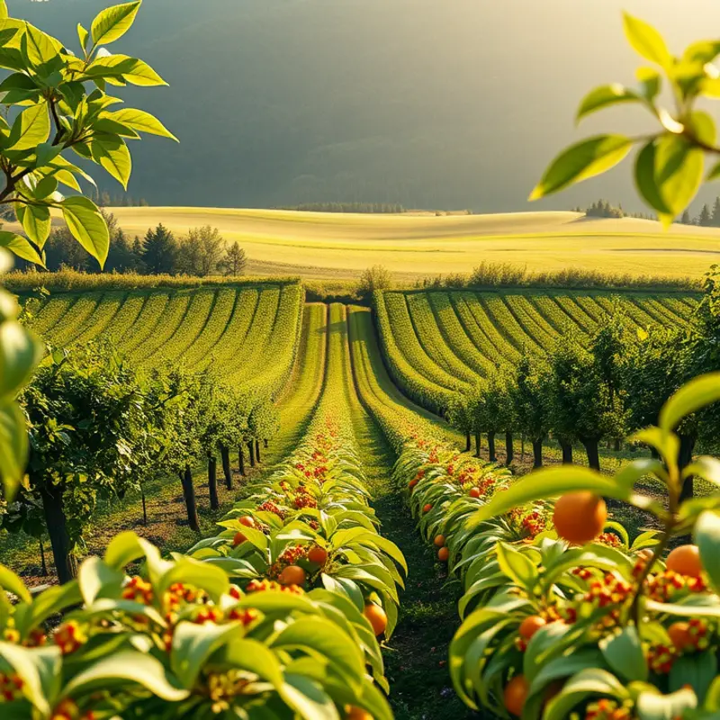 A serene landscape showcasing the beauty of organic vegetables and fruits in a sunlit field.