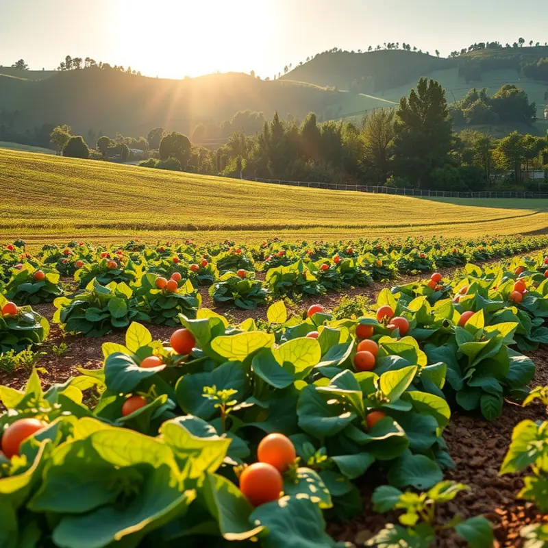 A scenic sunlit field showcasing vibrant, organic produce.