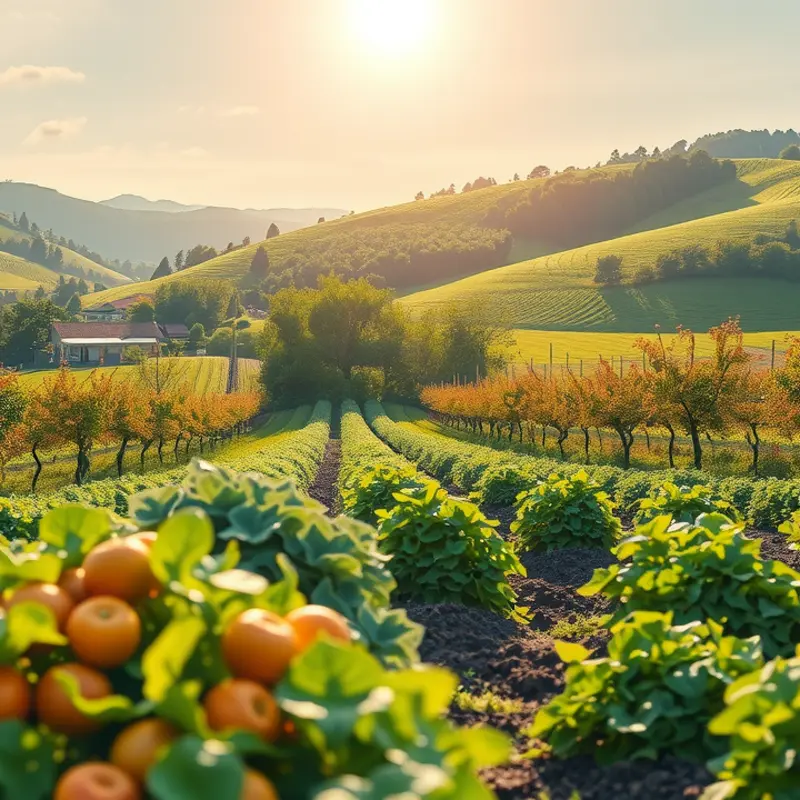 A vibrant sunlit field showcasing the abundance of organic fruits and vegetables.