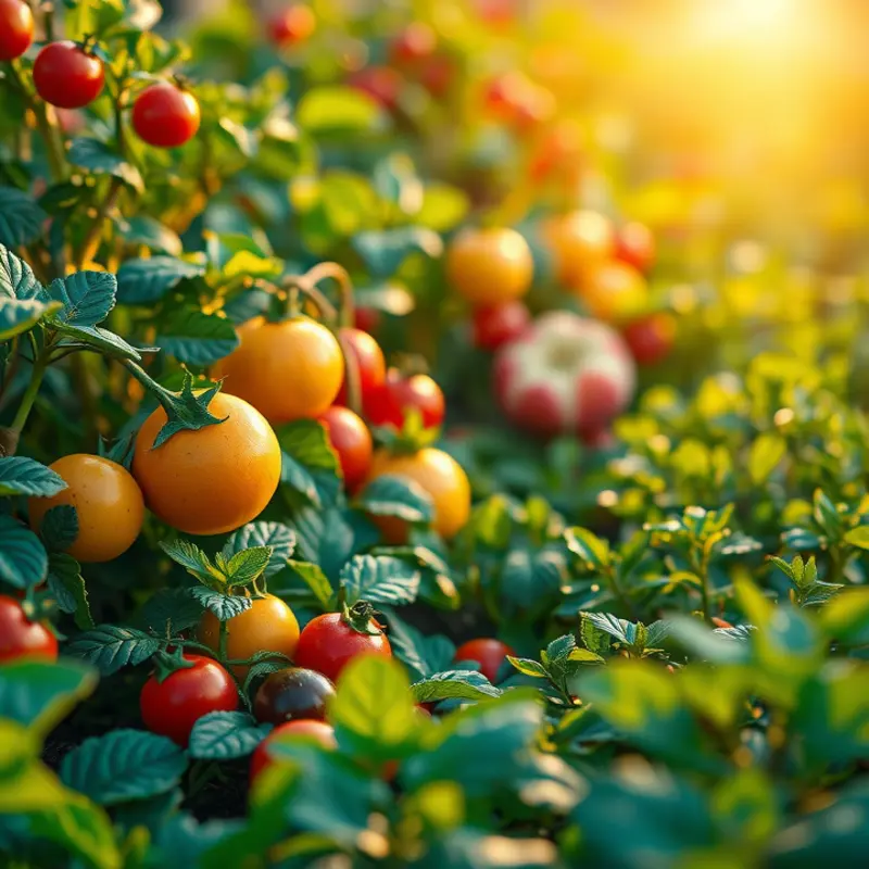 A vibrant landscape of fresh vegetables and fruits thriving in a sunlit field.