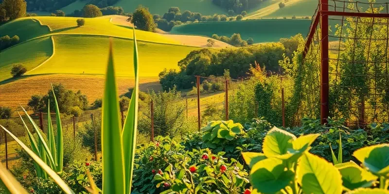 A bright and lush landscape showcasing an abundance of fruits and vegetables in a natural setting.