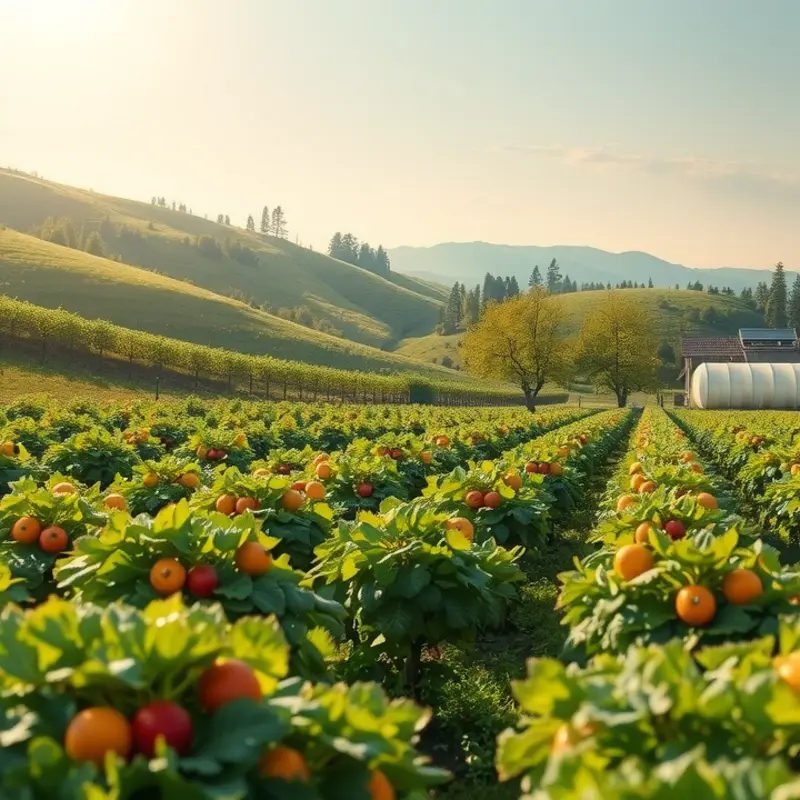 A serene orchard filled with vibrant fruits and vegetables, showcasing natural beauty.