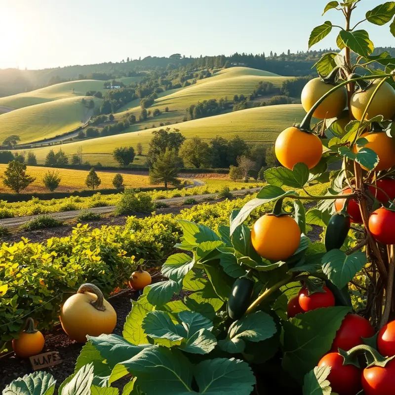 A sunlit field filled with vibrant fruits and vegetables, representing nature’s abundance.