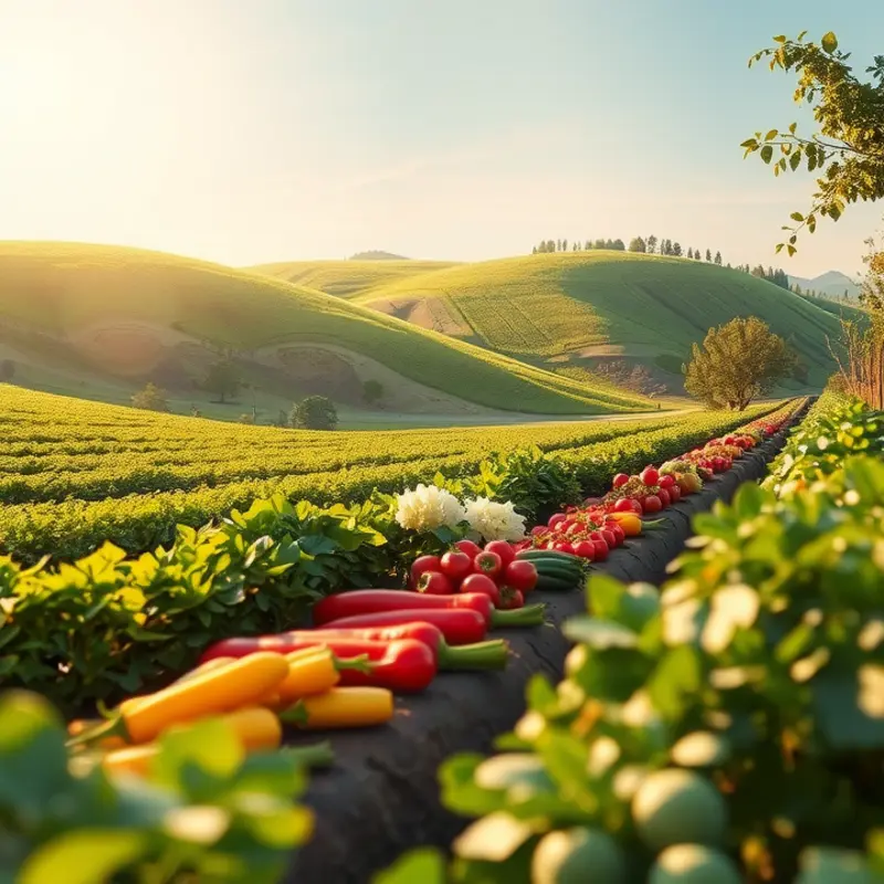 A vibrant sunlit field showcasing the abundance of organic vegetables and fruits.
