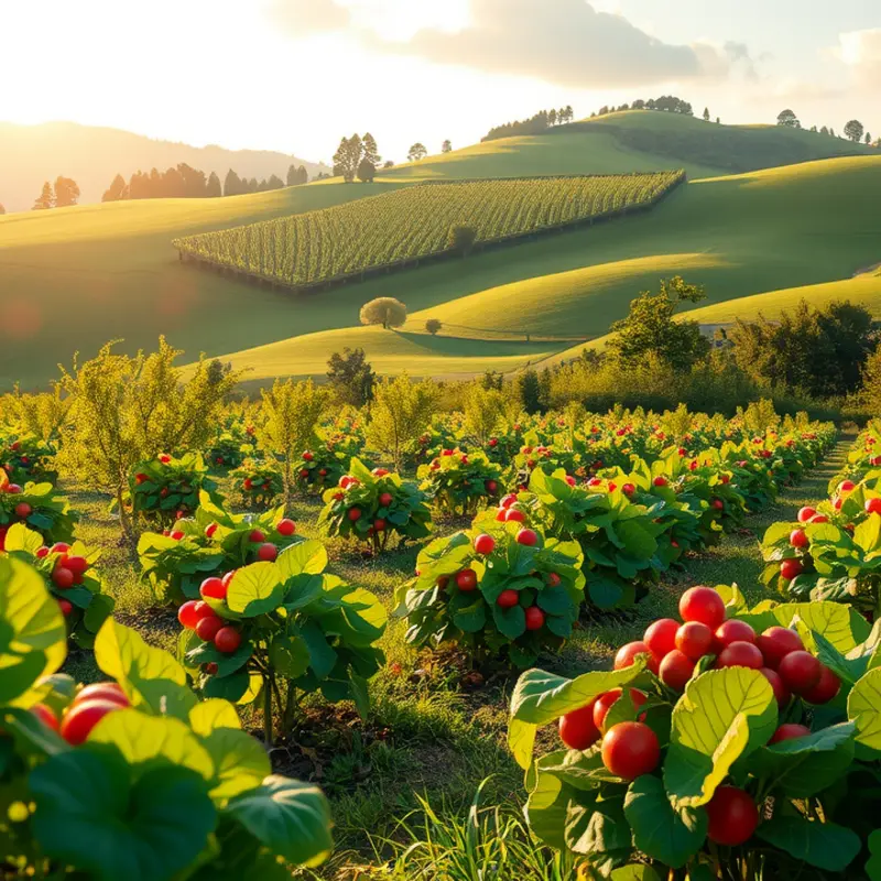 A serene view of a sunlit field filled with vibrant fruits and vegetables.