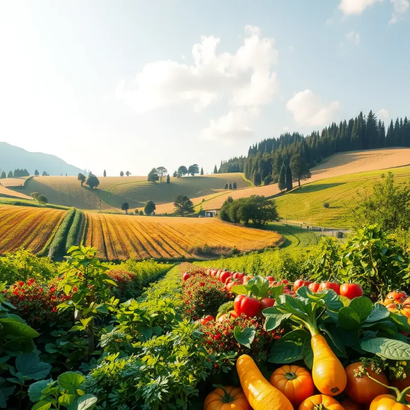 A serene orchard filled with vibrant fruits and vegetables, symbolizing nourishment and emotional wellness.
