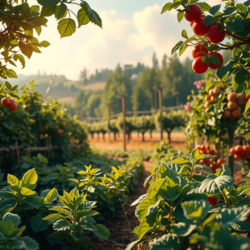 A sunlit garden showcasing vibrant fruits and vegetables growing abundantly in nature.