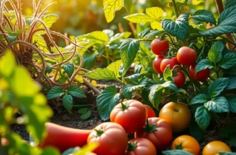 A tranquil landscape featuring a rich variety of organic fruits and vegetables in a sunlit field.