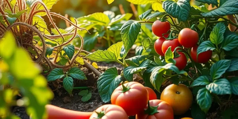 A tranquil landscape featuring a rich variety of organic fruits and vegetables in a sunlit field.