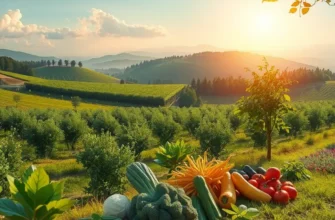 A sunlit orchard with vibrant fruits and vegetables, highlighting the essence of mindful meal environments.