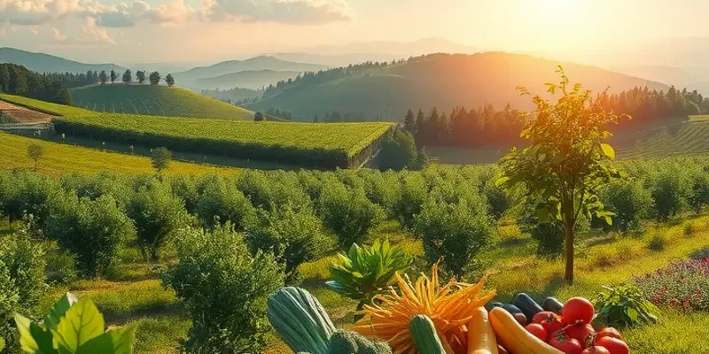 A sunlit orchard with vibrant fruits and vegetables, highlighting the essence of mindful meal environments.