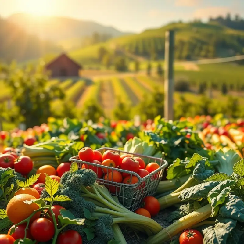 A vibrant sunlit orchard bursting with fresh vegetables and fruits.
