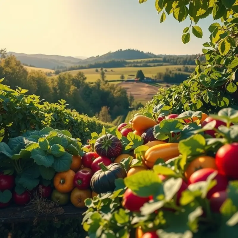 A sunlit orchard bursting with organic vegetables and fruits, encouraging sustainable dining practices.