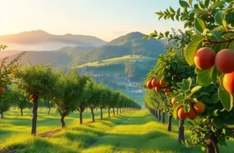 A beautiful sunlit field full of fresh fruits and vegetables growing among green hills.