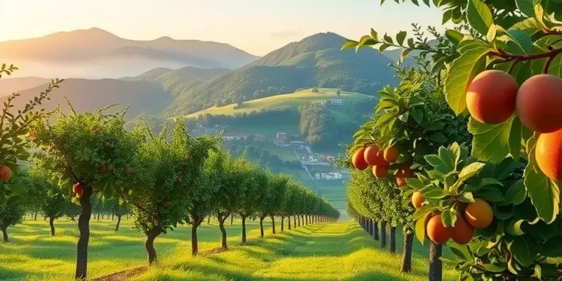 A beautiful sunlit field full of fresh fruits and vegetables growing among green hills.
