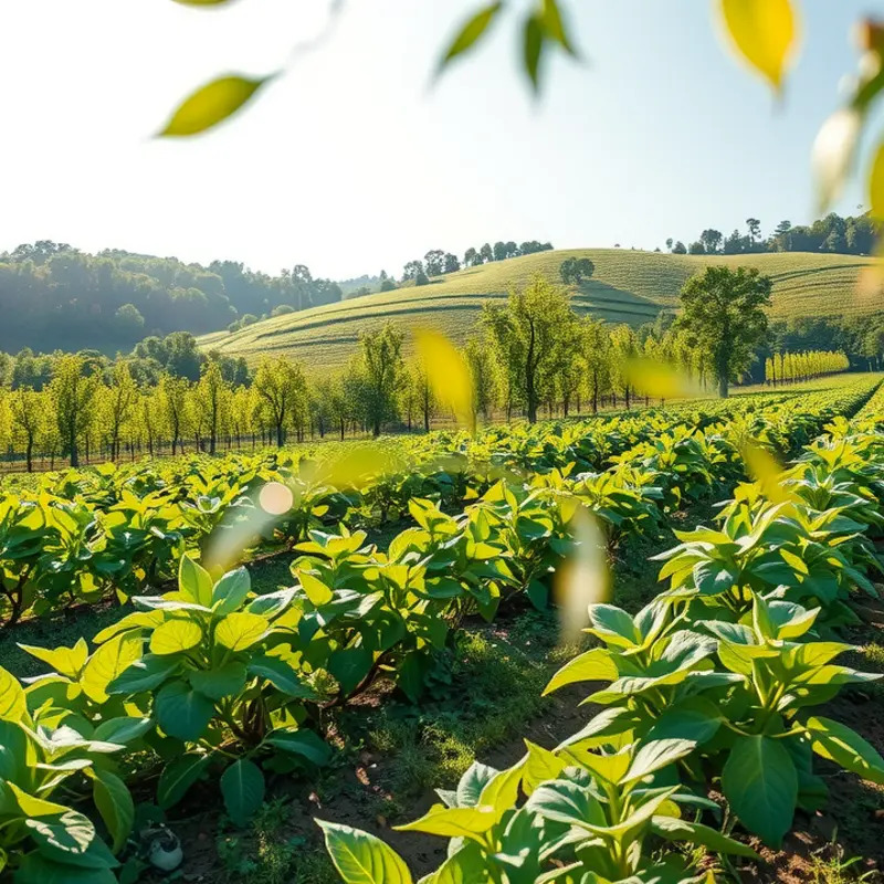 A serene view of a sunlit field filled with vibrant fruits and vegetables.