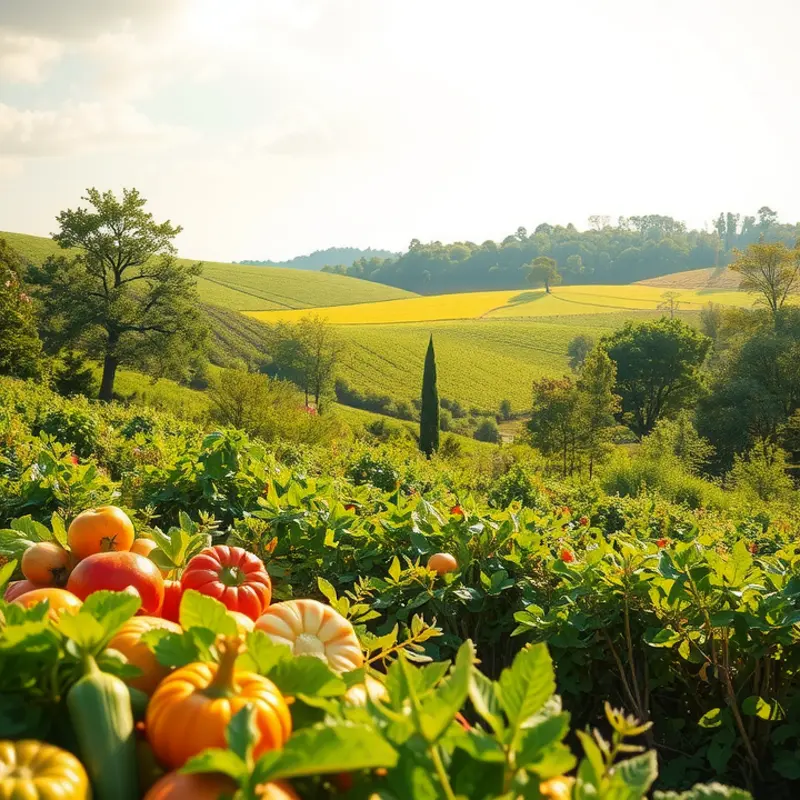 A sunlit landscape depicting the abundance of nature’s produce, emphasizing healthy eating.