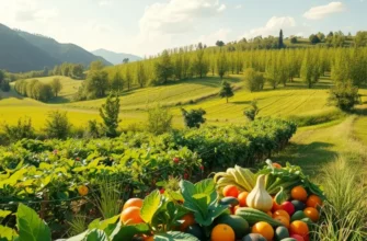 An idyllic orchard flooded with sunlight showcasing a variety of organic vegetables and fruits against a lush background.