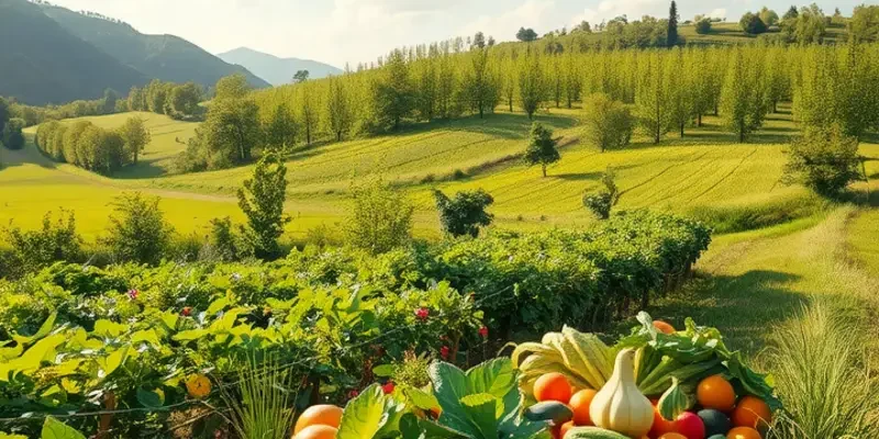 An idyllic orchard flooded with sunlight showcasing a variety of organic vegetables and fruits against a lush background.