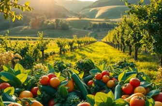 A scenic view of a sunlit field with an abundance of vegetables and fruits, emphasizing a natural diet.