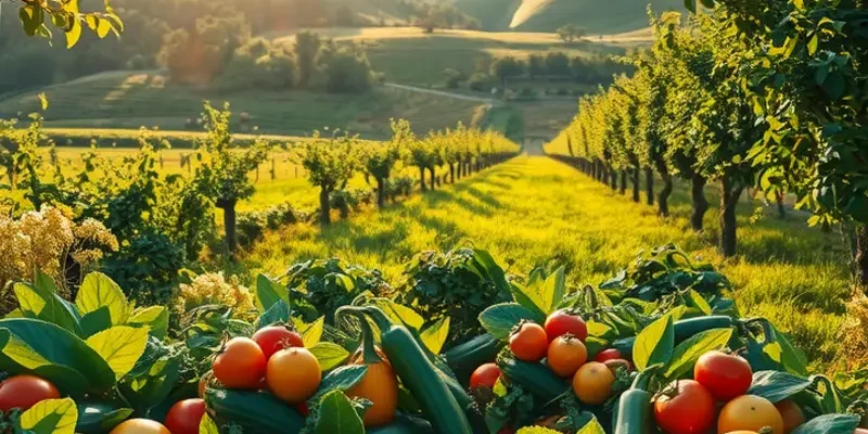 A scenic view of a sunlit field with an abundance of vegetables and fruits, emphasizing a natural diet.