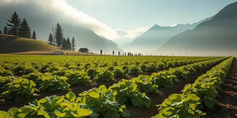 A scenic view of a sunlit field with lush greenery and colorful organic vegetables and fruits.