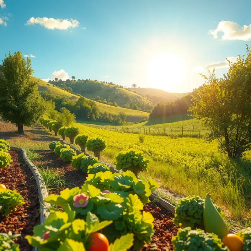 A tranquil sunlit landscape showcasing organic produce, reflecting the freshness ideal for mushroom storage.