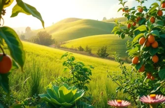 A serene landscape depicting a field full of fresh organic produce under bright sunlight.