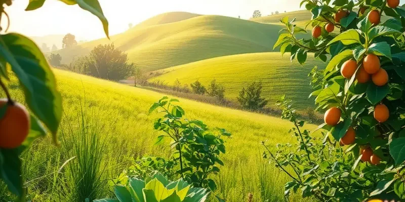A serene landscape depicting a field full of fresh organic produce under bright sunlight.