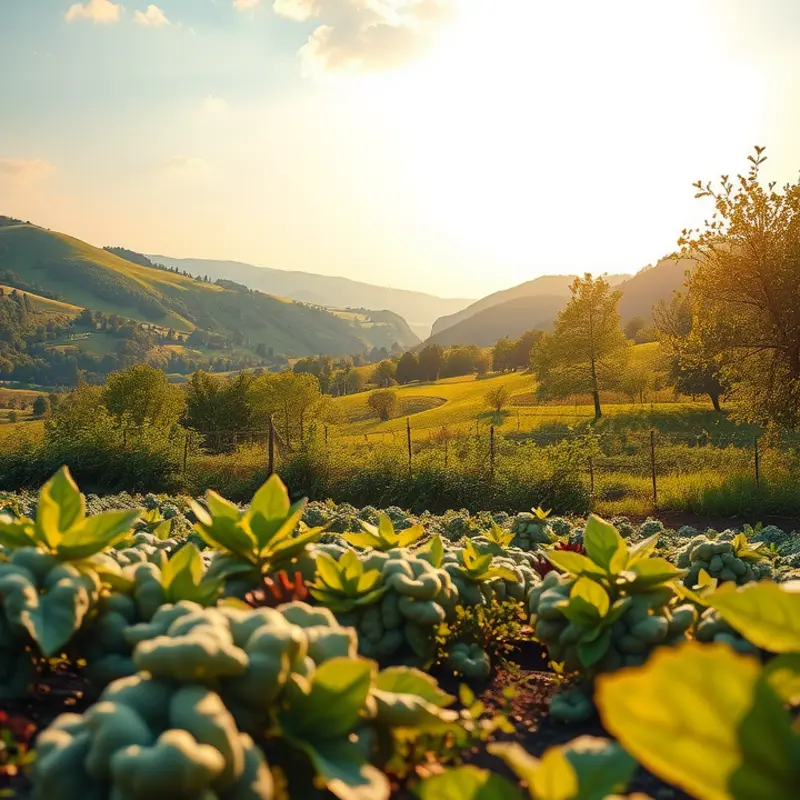 A scenic view of a sunlit orchard filled with vibrant, local produce.