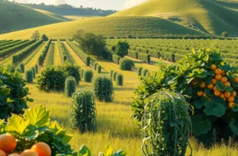 Sunlit field filled with vibrant vegetables and fruits amidst lush greenery.