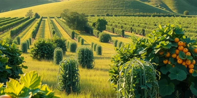 Sunlit field filled with vibrant vegetables and fruits amidst lush greenery.