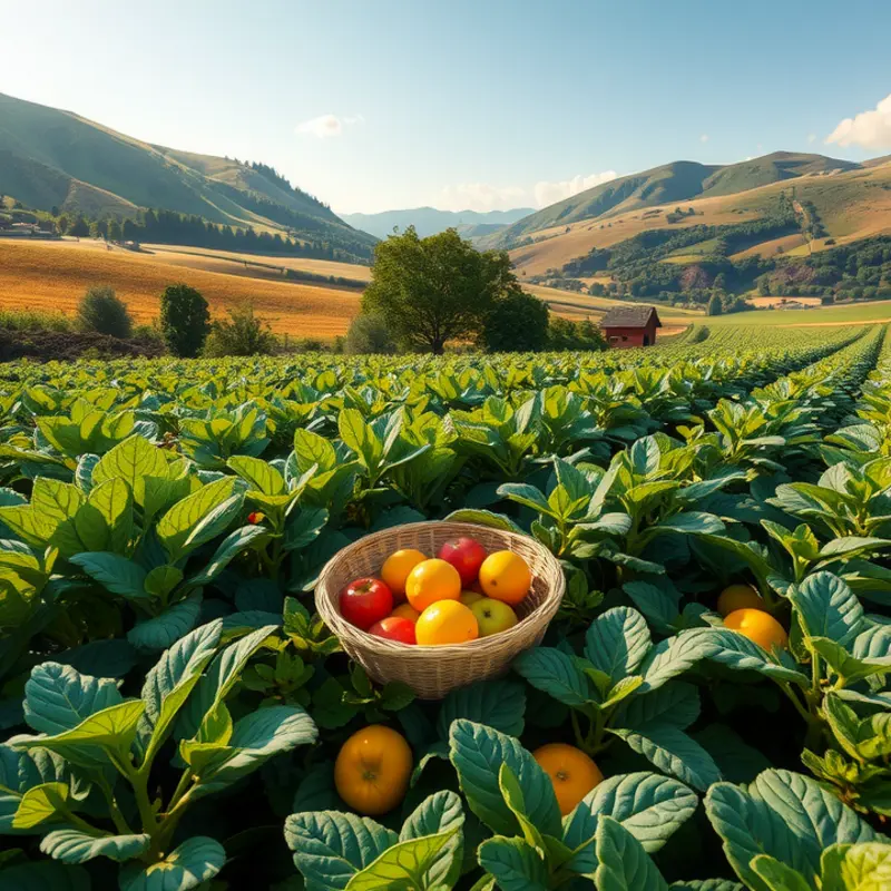 A sunlit field abundant in vibrant vegetables and fruits, representing natural ingredients.