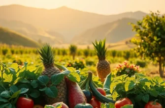 A vibrant field displaying an abundance of organic vegetables and fruits under warm sunlight.
