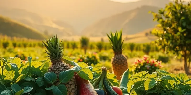 A vibrant field displaying an abundance of organic vegetables and fruits under warm sunlight.