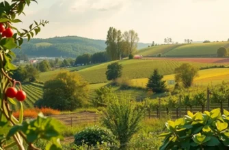 A scenic view of a sunlit field filled with fresh organic fruits and vegetables.