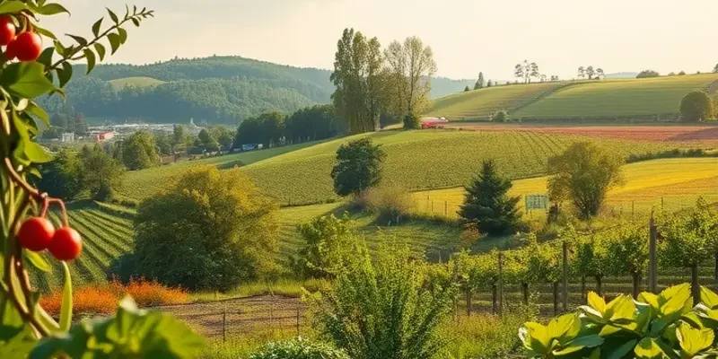 A scenic view of a sunlit field filled with fresh organic fruits and vegetables.