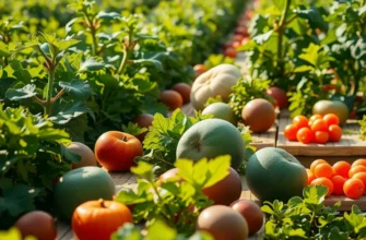 A beautiful, natural landscape with a variety of healthy fruits and vegetables emphasizing freshness and nutrition.