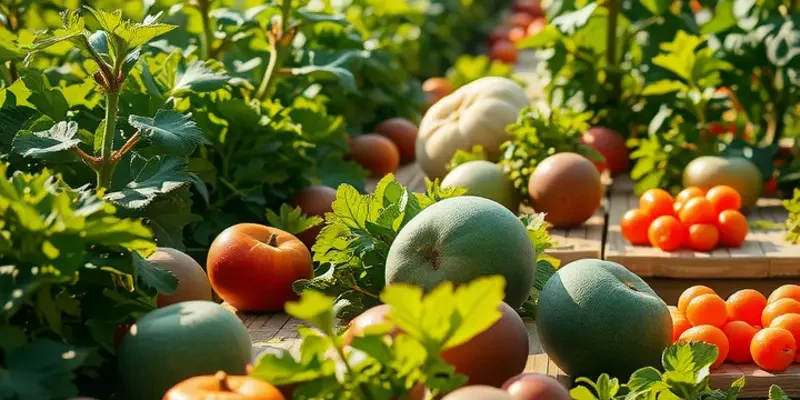 A beautiful, natural landscape with a variety of healthy fruits and vegetables emphasizing freshness and nutrition.
