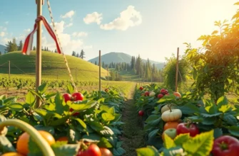 A wide view of a natural landscape featuring an abundance of organic produce in a vibrant setting.