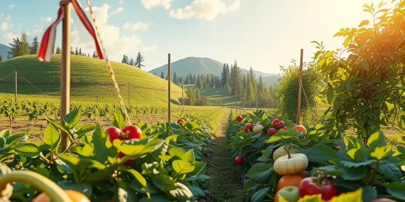 A wide view of a natural landscape featuring an abundance of organic produce in a vibrant setting.