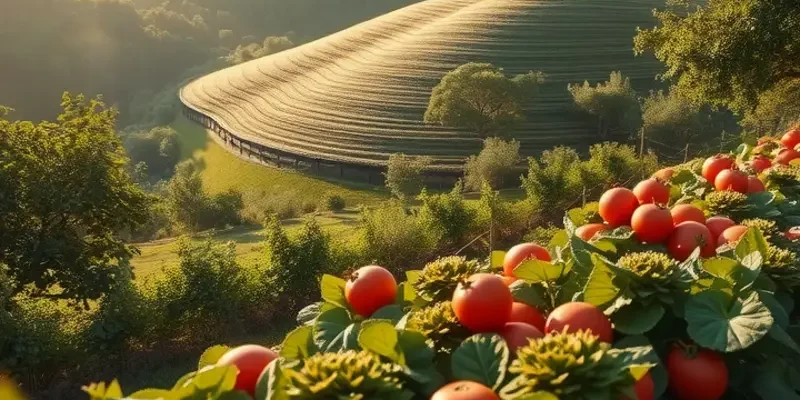 A picturesque landscape of an organic field filled with fresh produce under bright sunlight.