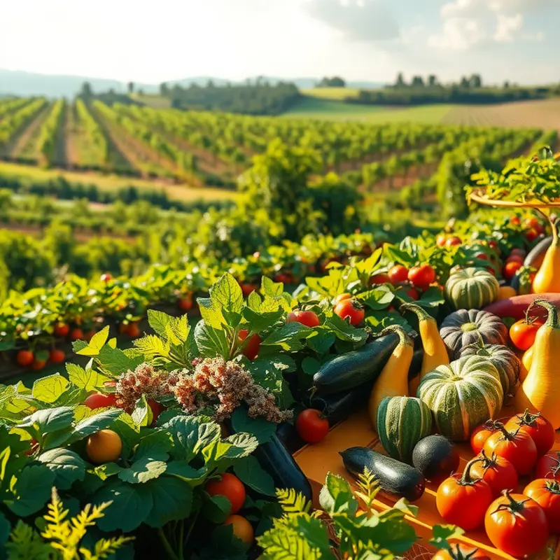 A picturesque orchard showcasing fresh fruits and vegetables under soft lighting.