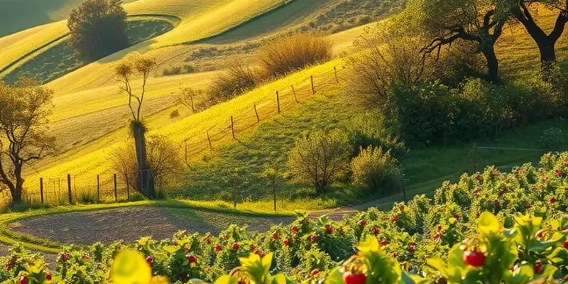 Serene landscape with lush organic produce, embodying the benefits of a balanced diet combining raw and cooked foods.