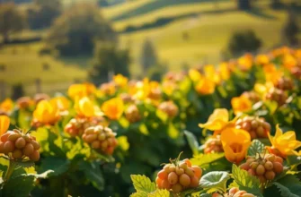A scenic view of a field with abundant fruits and vegetables.