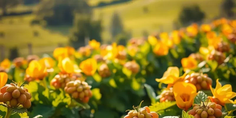 A scenic view of a field with abundant fruits and vegetables.