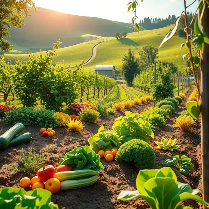 A bountiful orchard showcasing a variety of fruits and vegetables in a sunlit landscape.