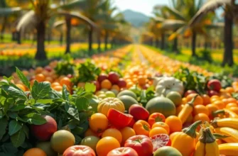 A sunlit field with organic fruits and vegetables showcasing natural sweeteners.