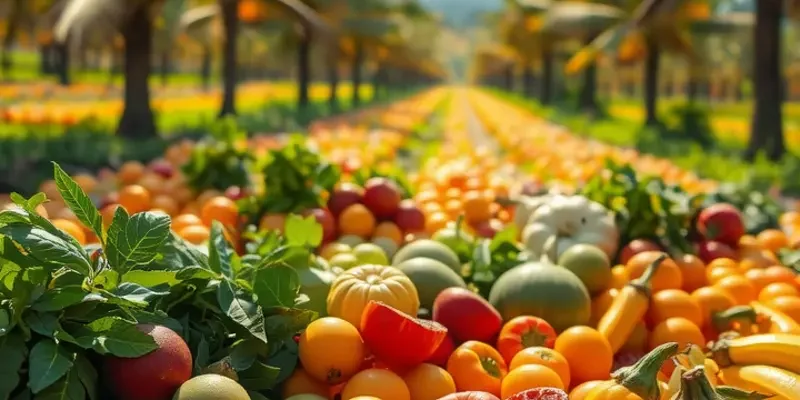 A sunlit field with organic fruits and vegetables showcasing natural sweeteners.