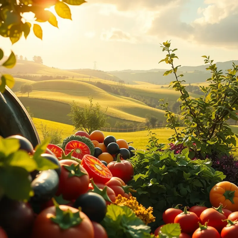A sunlit orchard filled with vibrant fruits and vegetables, representing the freshness of natural sweeteners.